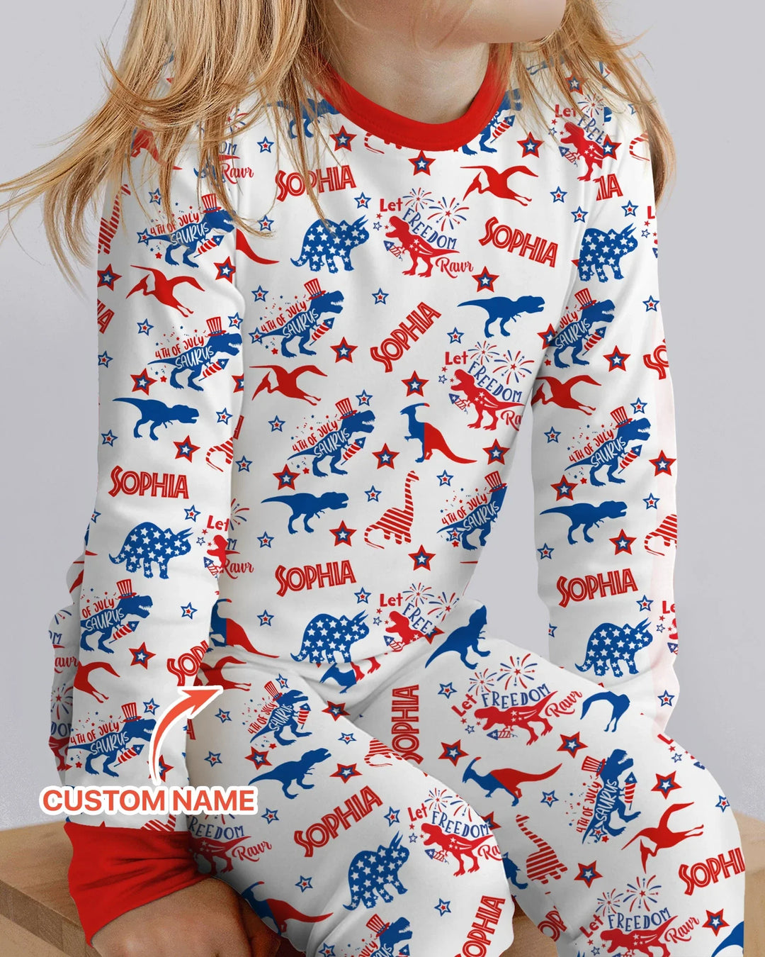 Custom Name Patriotic Dinosaur Bamboo Two Piece Long Sleeve Pajama Set