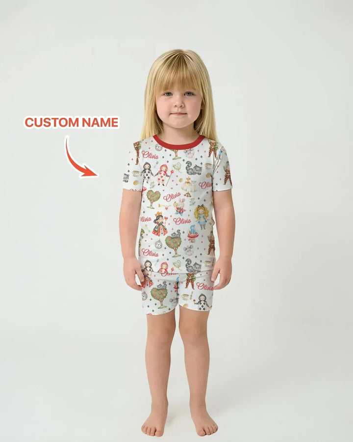 Whimsical Wonderland Tea Party Custom Name Bamboo Two Piece Short Sleeve Shorts Pajama Set