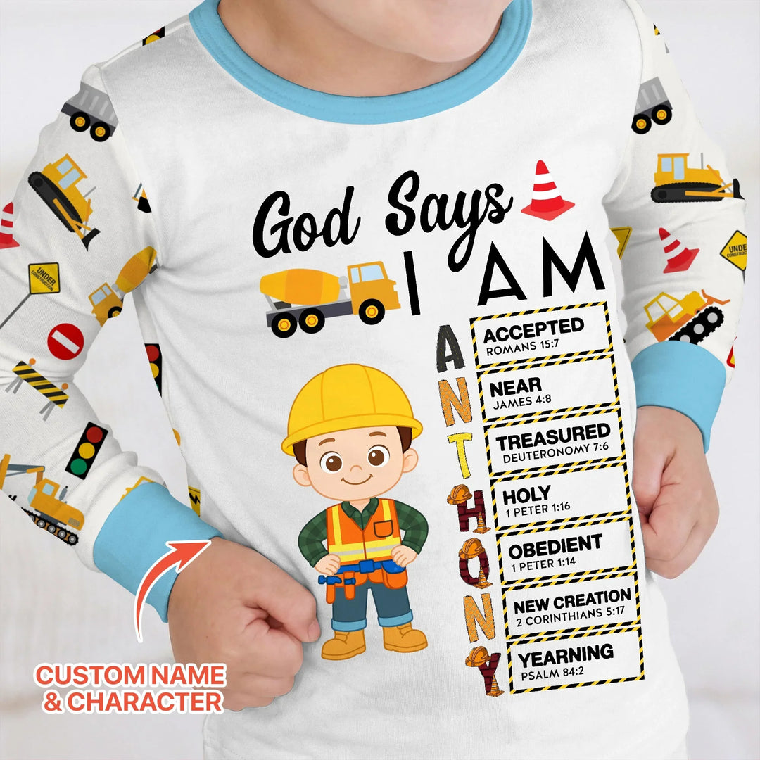 Custom Name God Says I Am Little Builder Letter in Bible Bamboo Two Piece Long Sleeve Pajama Set
