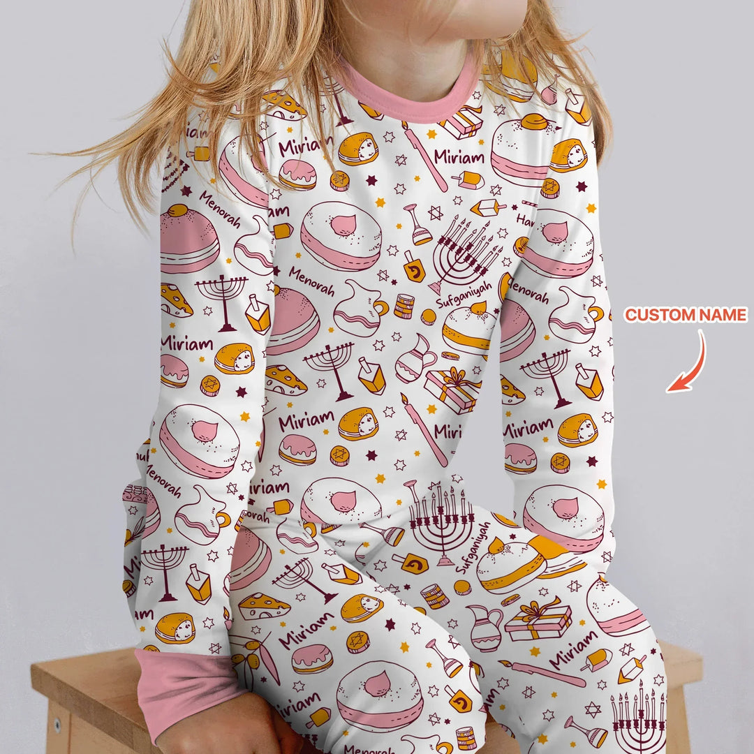 Happy Hanukkah Doodles Custom Name Family Matching Bamboo Two Piece Long Sleeve Pajama Set
