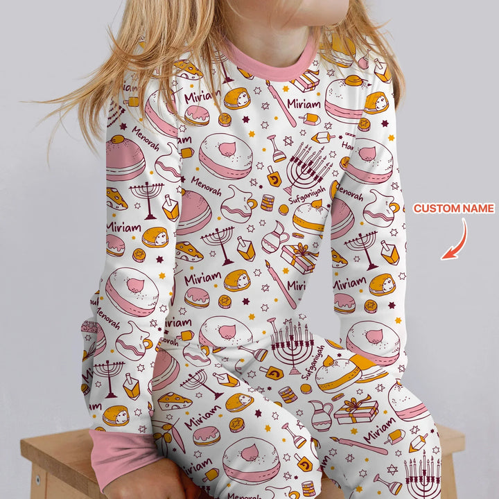 Happy Hanukkah Doodles Custom Name Family Matching Bamboo Two Piece Long Sleeve Pajama Set