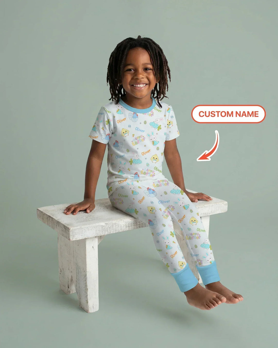Custom name Happy Easter Bamboo Two Piece Short Sleeve Pajama Set