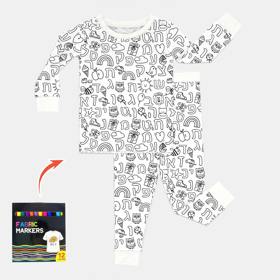Hebrew Alphabet Colorable Bamboo Two Piece Long Sleeve Pajama Set