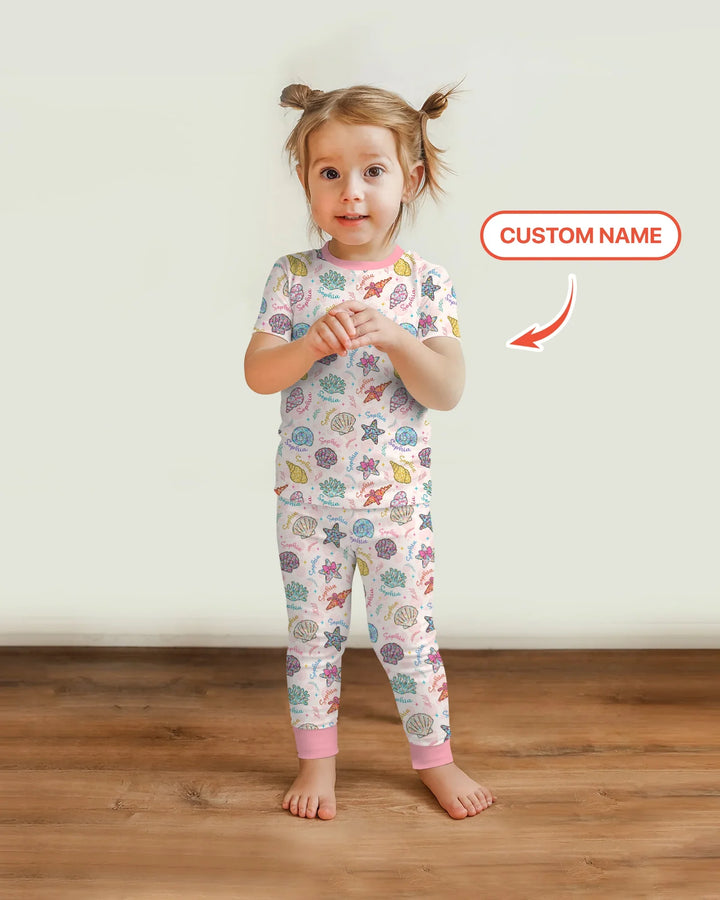 Custom Name Seaside Wildflower Summer Bamboo Two Piece Short Sleeve Pajama Set