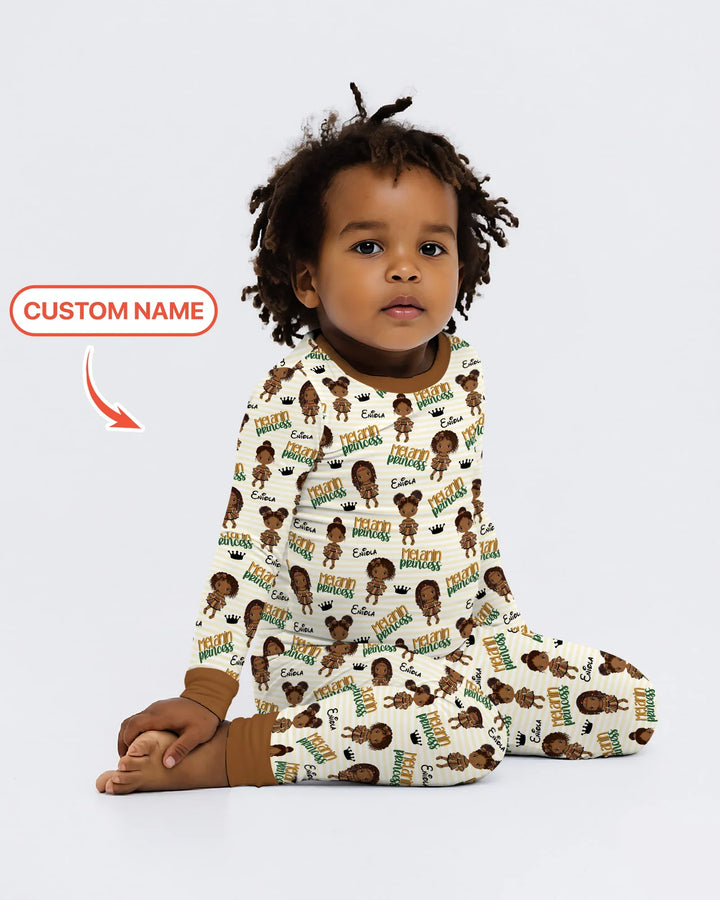 Custom Name Melanin Princess Bamboo Two Piece Long Sleeve Pajama Set
