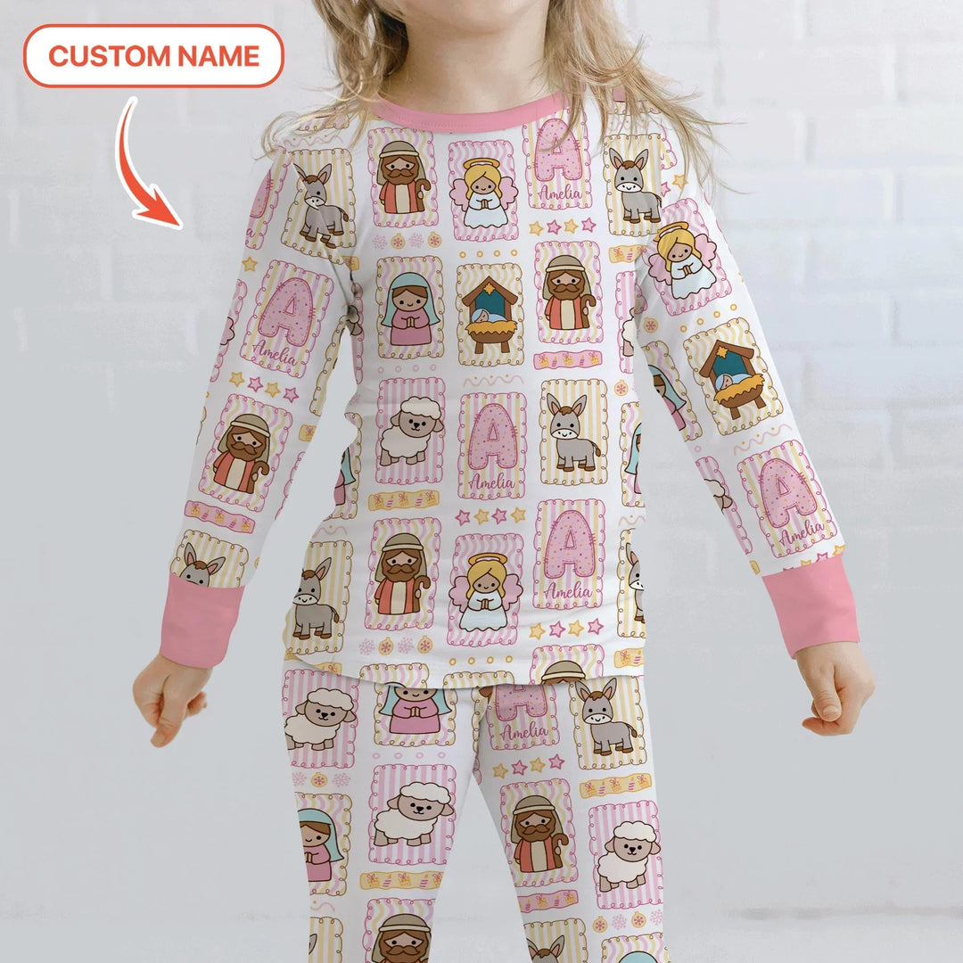 Custom Name Christmas Nativity Bamboo Two Piece Long Sleeve Pajama Set