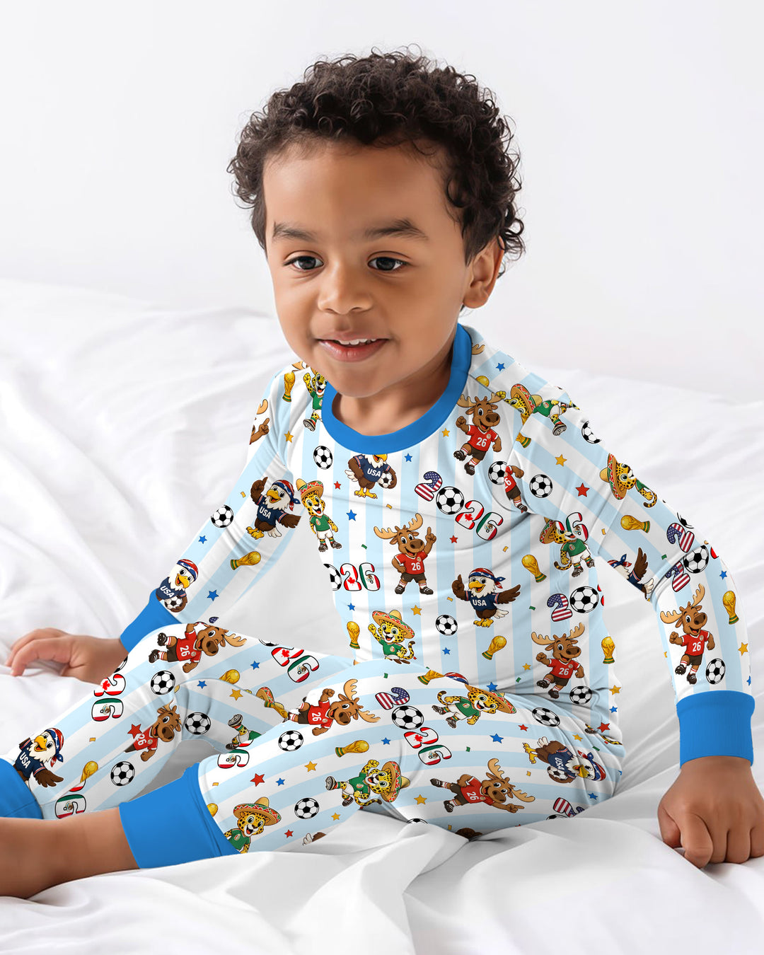 Striped Cute Mascots Soccer Cup 2026 Bamboo Two Piece Long Sleeve Pajama Set