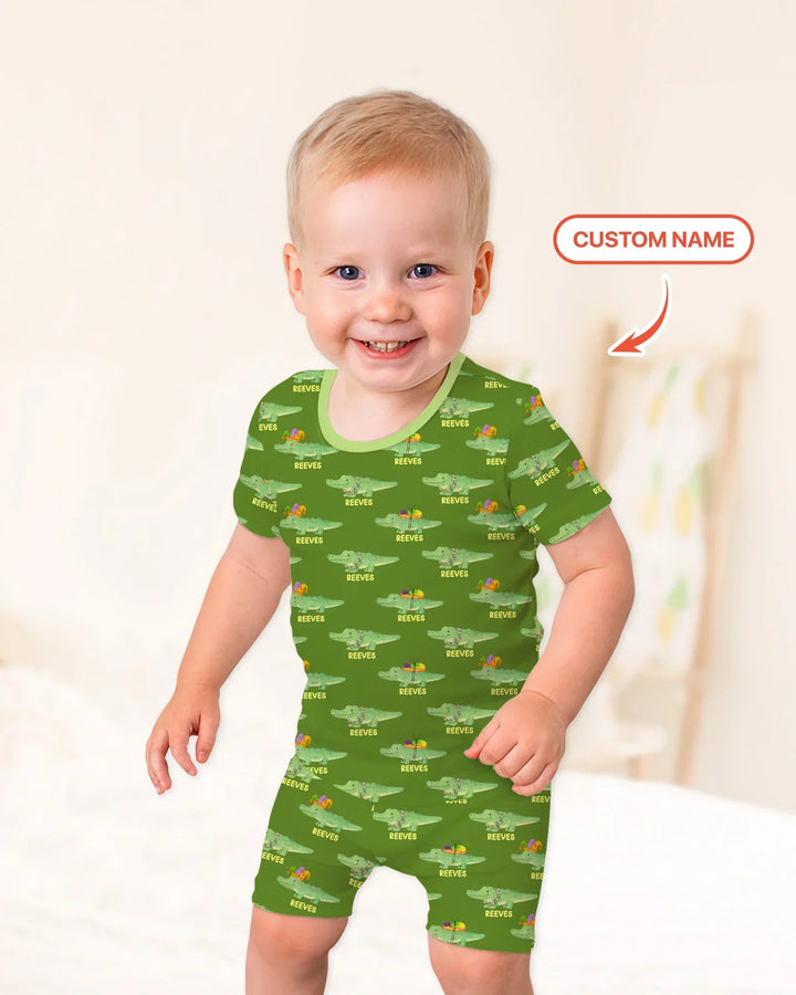 Custom Name Mardi Gras Gator Bamboo Two Piece Short Sleeve Shorts Pajama Set