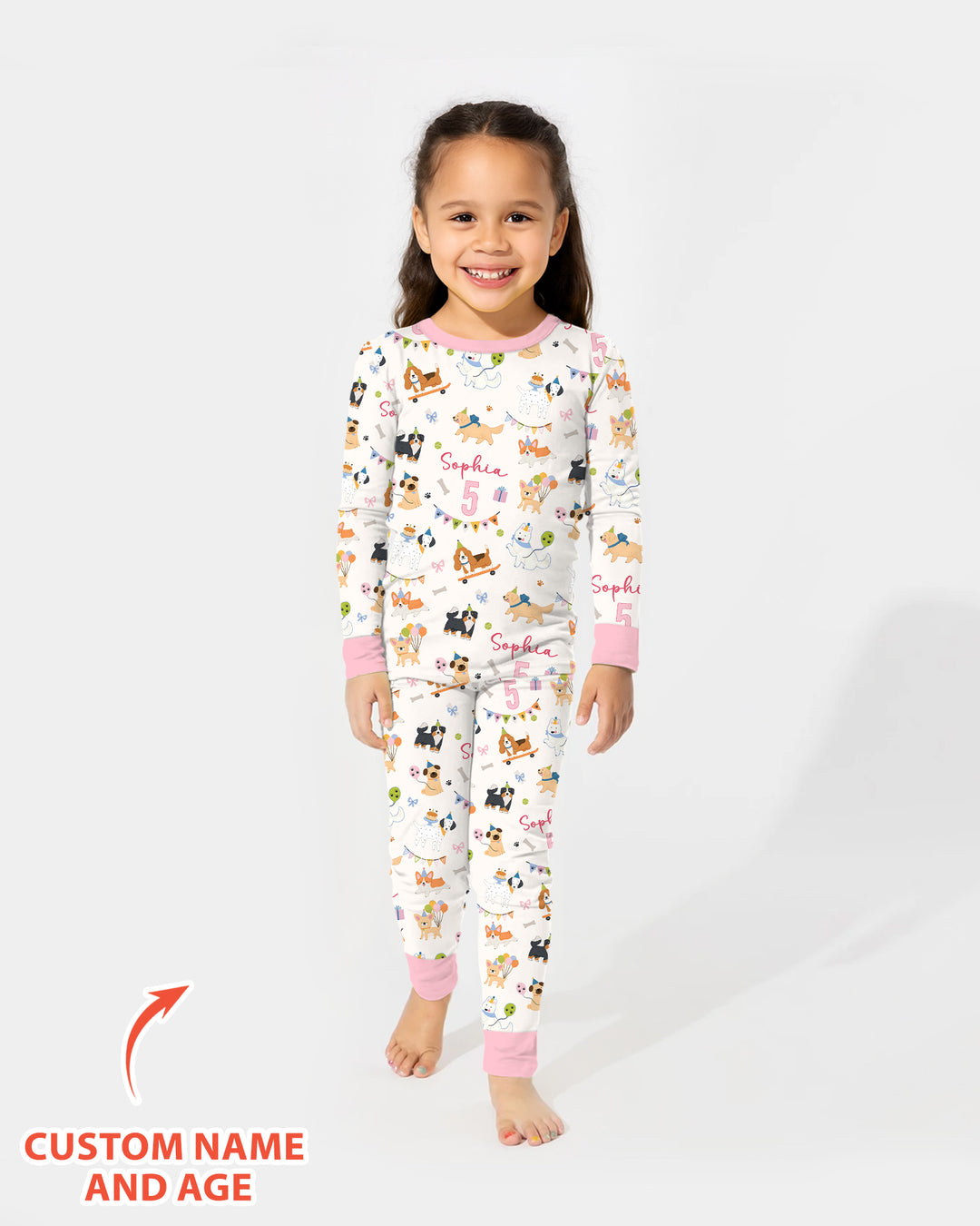Custom Name Birthday Dogs Party Bamboo Two Piece Long Sleeve Pajama Set