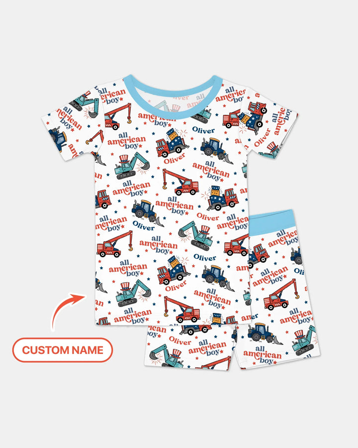 Custom Name All-American Boy Bamboo Two Piece Short Sleeve Shorts Pajama Set