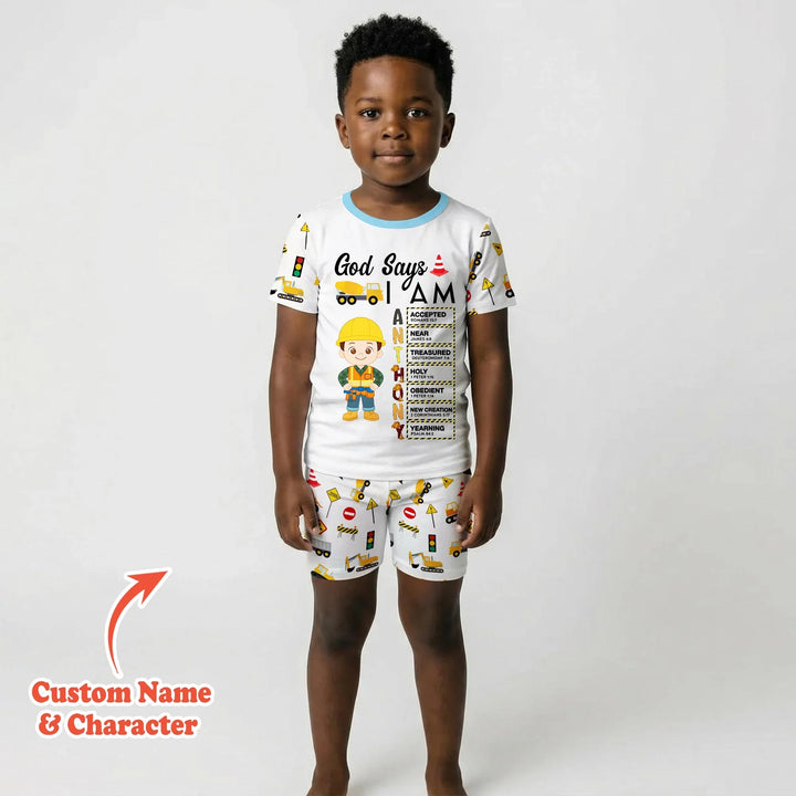 Custom Name God Says I Am Little Builder Letter in Bible Bamboo Two Piece Short Sleeve Shorts Pajama Set