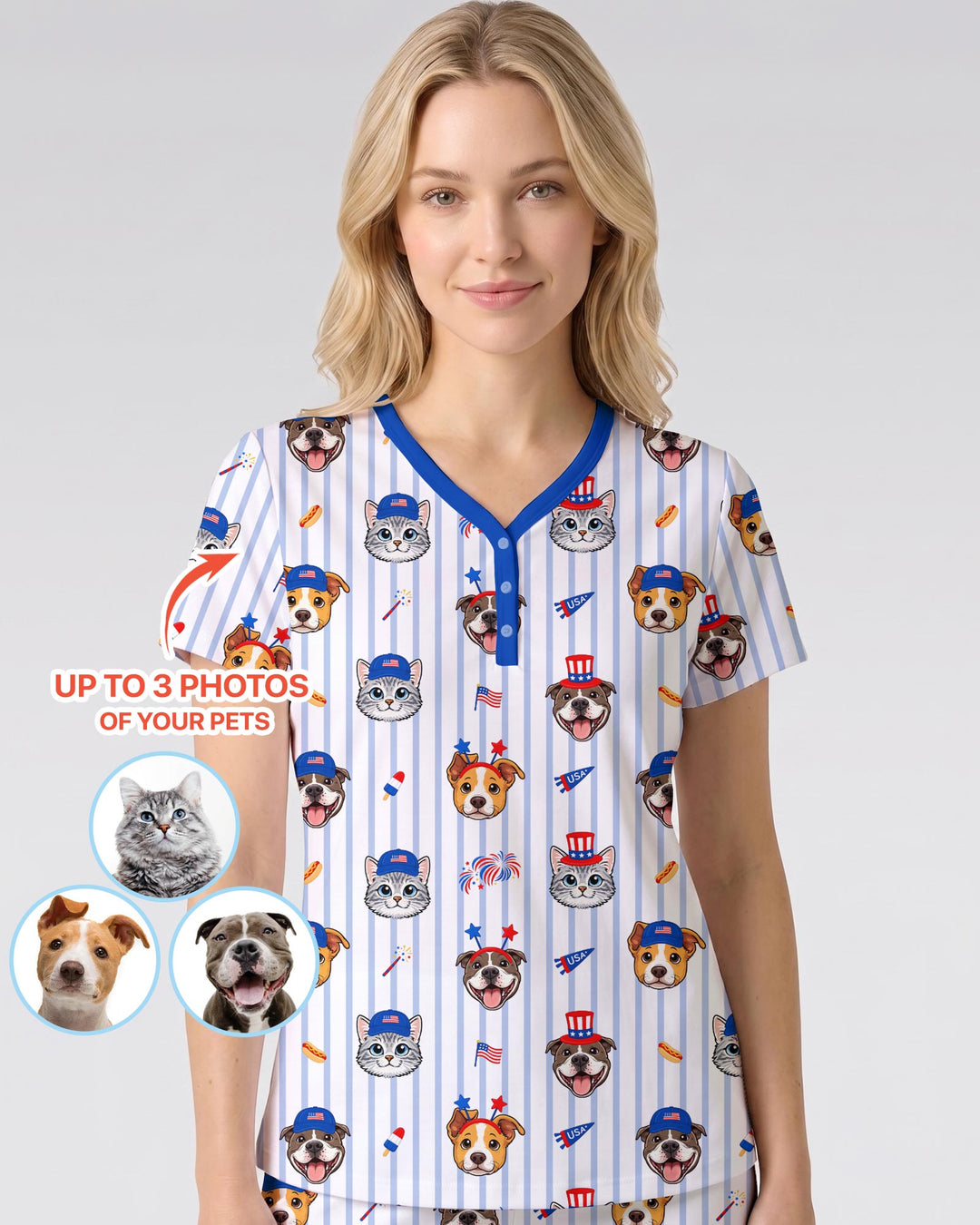 Custom Pet Image 4th of July Family Matching Bamboo Women Short Sleeve Short Pajama