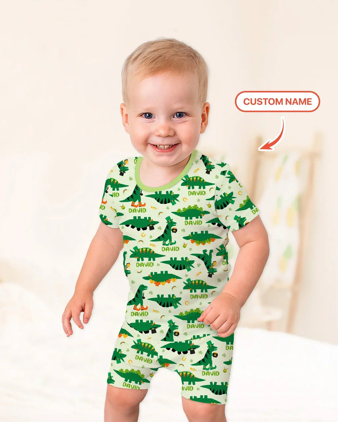 St. Patrick's Day Dinosaurs Custom Bamboo Two Piece Short Sleeve Shorts Pajama Set