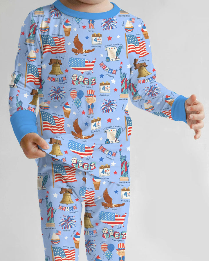 Hand Drawn Patriotic Iconic Bamboo Two Piece Long Sleeve Pajama Set