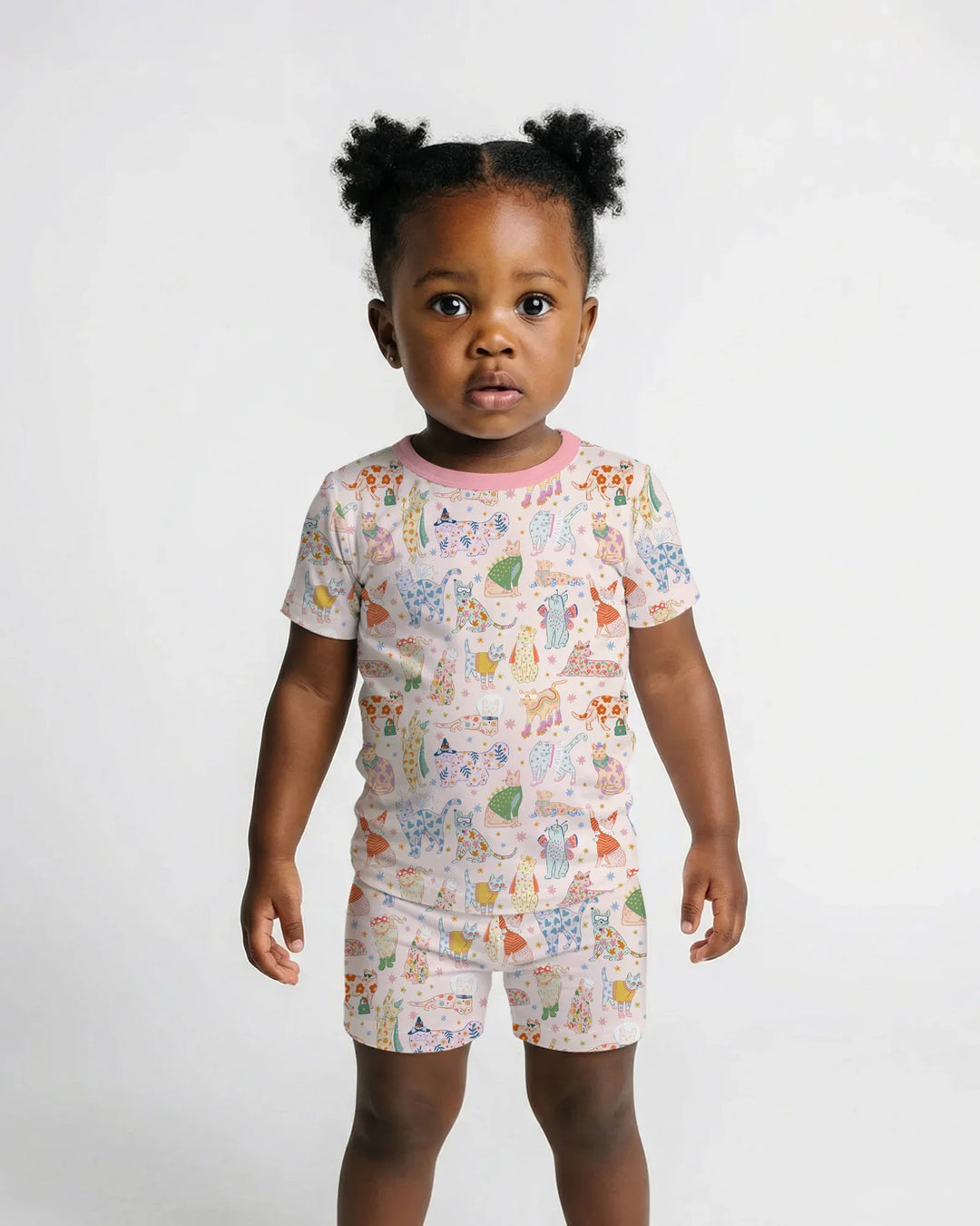 Whimsical Cat Parade Two Piece Short Sleeve Shorts Pajama Set