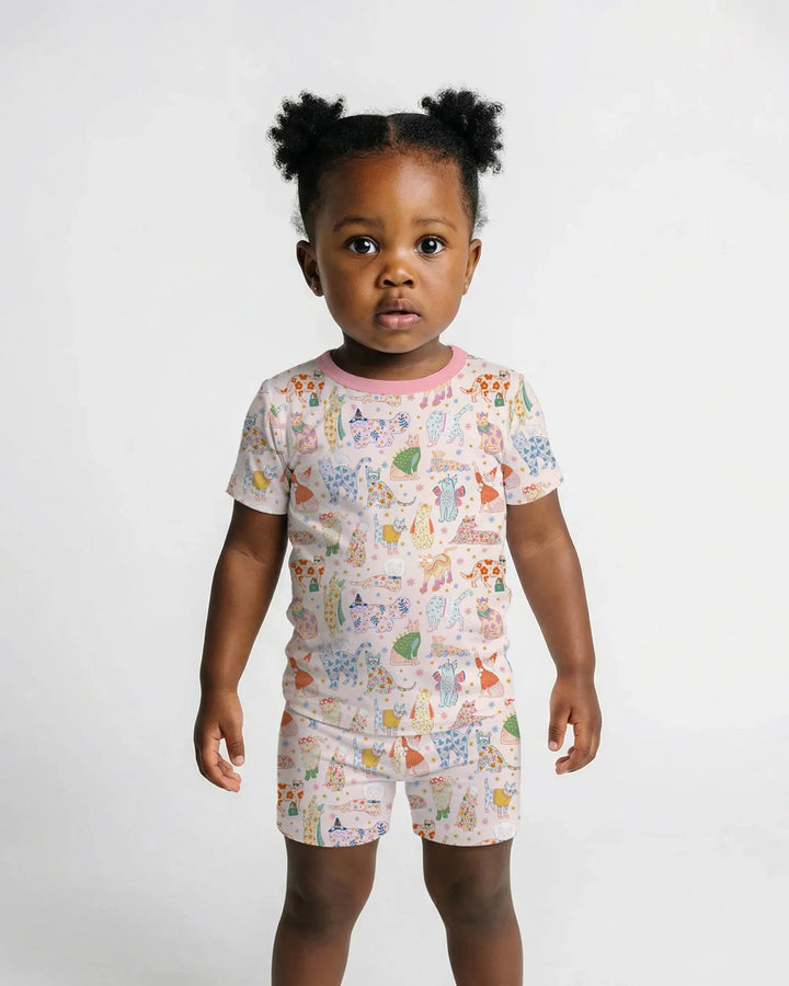 Whimsical Cat Parade Two Piece Short Sleeve Shorts Pajama Set