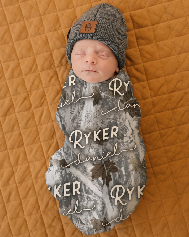 Custom Name Woodland Camo Bamboo Swaddle Blanket