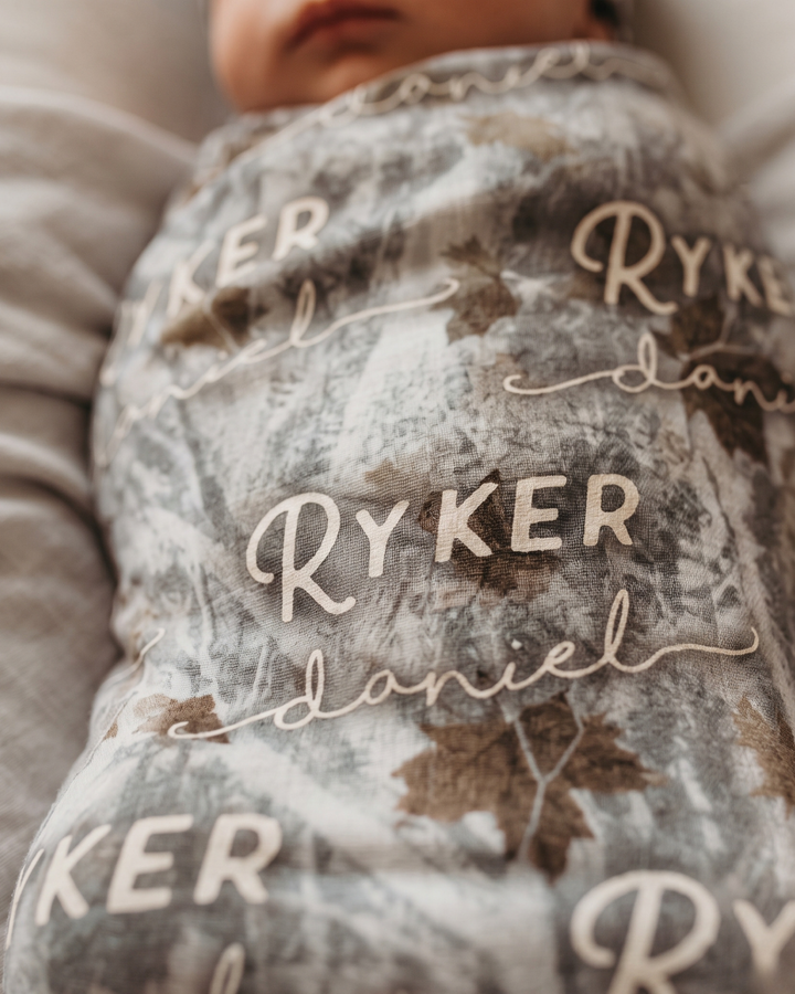 Custom Name Woodland Camo Bamboo Swaddle Blanket