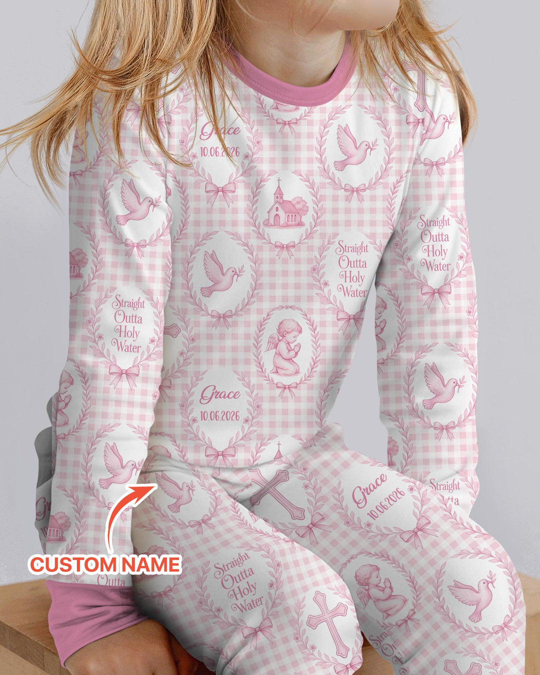 Custom Name Baptism Straight Outta Holy Water Bamboo Two Piece Long Sleeve Pajama Set