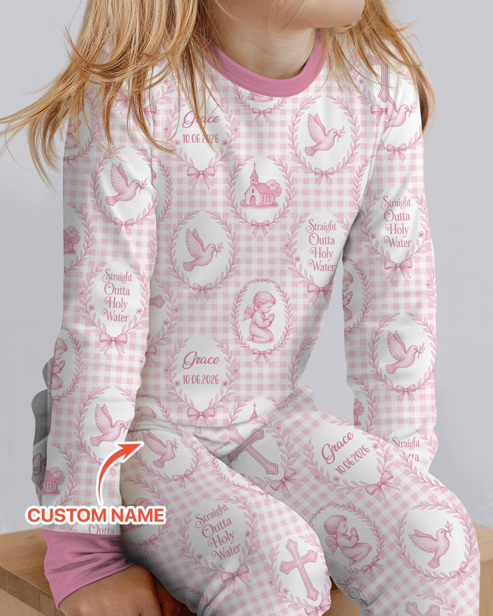 Custom Name Baptism Straight Outta Holy Water Bamboo Two Piece Long Sleeve Pajama Set