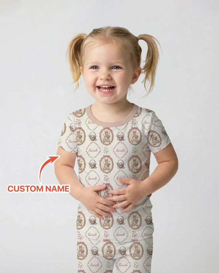 Vintage Bunny Easter Custom Name Mommy & Me Matching Bamboo Two Piece Short Sleeve Pajama Set