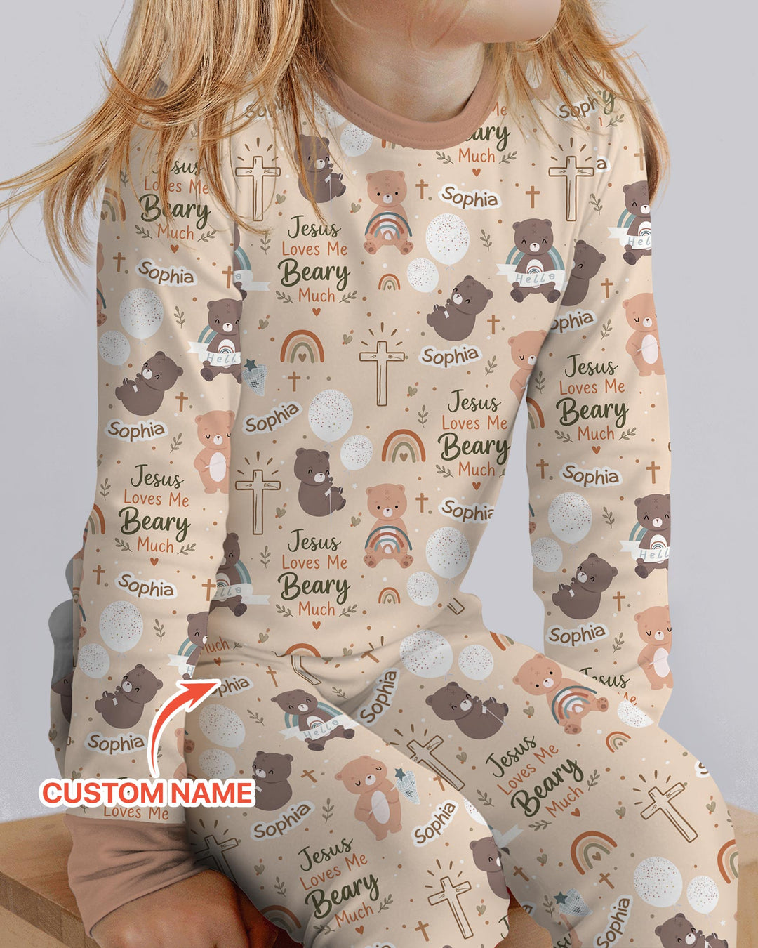 Custom Name Jesus Loves Me Beary Much Bamboo Two Piece Long Sleeve Pajama Set