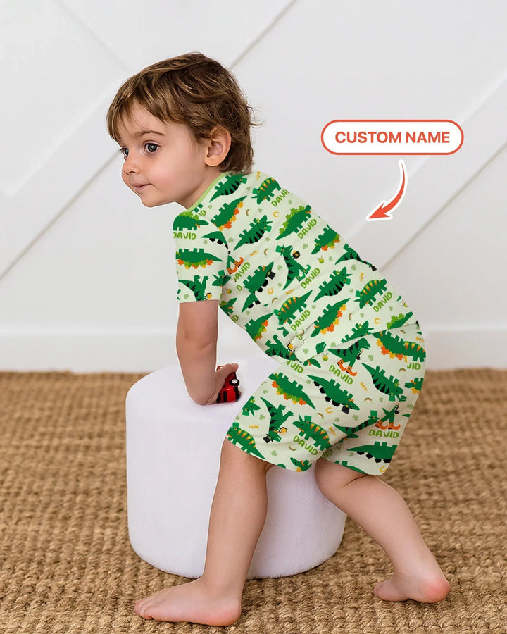 St. Patrick's Day Dinosaurs Custom Bamboo Two Piece Short Sleeve Shorts Pajama Set