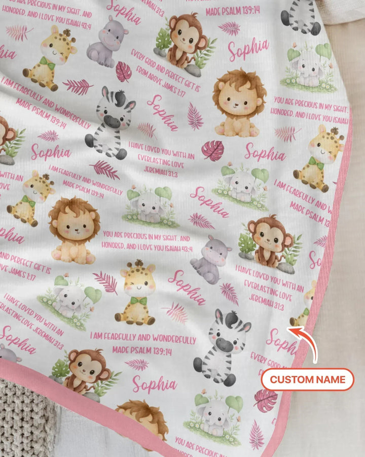 Custom Name Bible Verse Safari Animal Bamboo Blanket