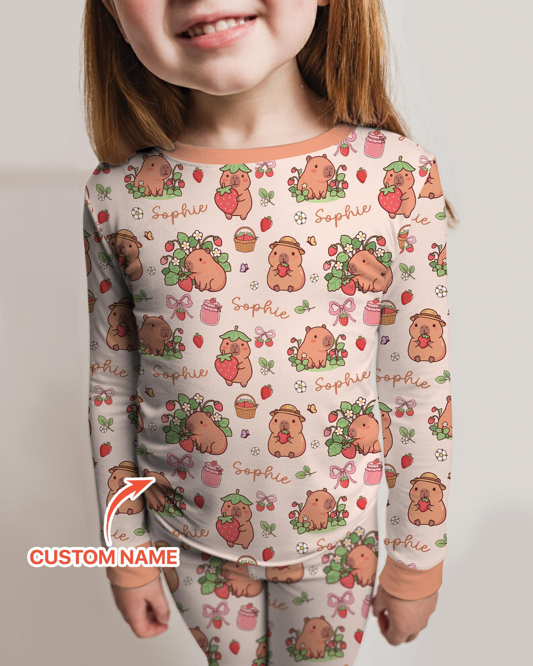 Custom Name Capybara Strawberry Bamboo Two Piece Long Sleeve Pajama Set