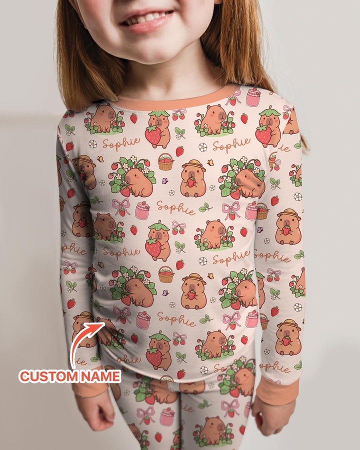 Custom Name Capybara Strawberry Bamboo Two Piece Long Sleeve Pajama Set