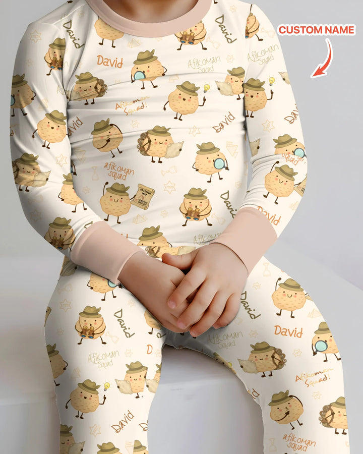 Custom Name Passover Afikoman Bamboo Two Piece Long Sleeve Pajama Set