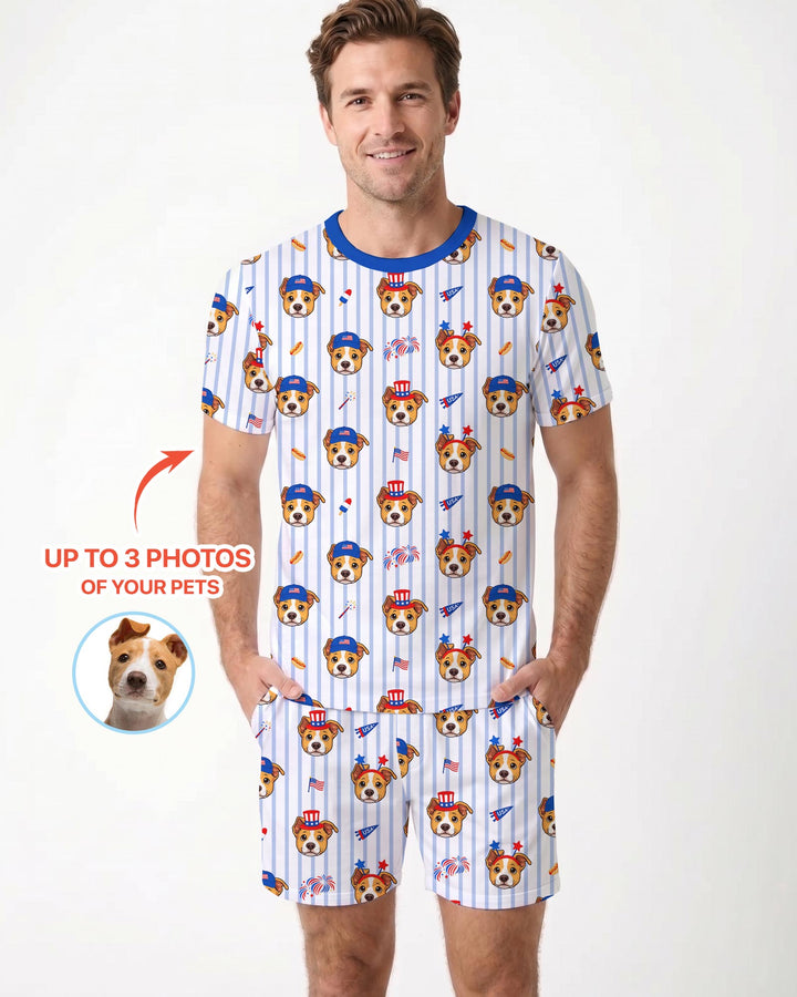 Custom Pet Image 4th of July Family Matching Bamboo Men Short Sleeve Short Pajama Set