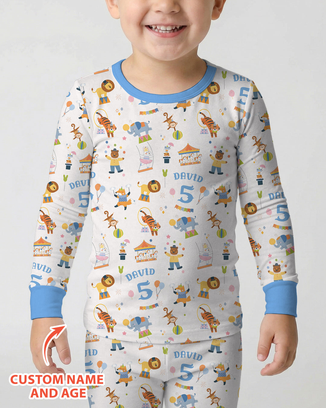 Custom Name Birthday Circus Bamboo Two Piece Long Sleeve Pajama Set