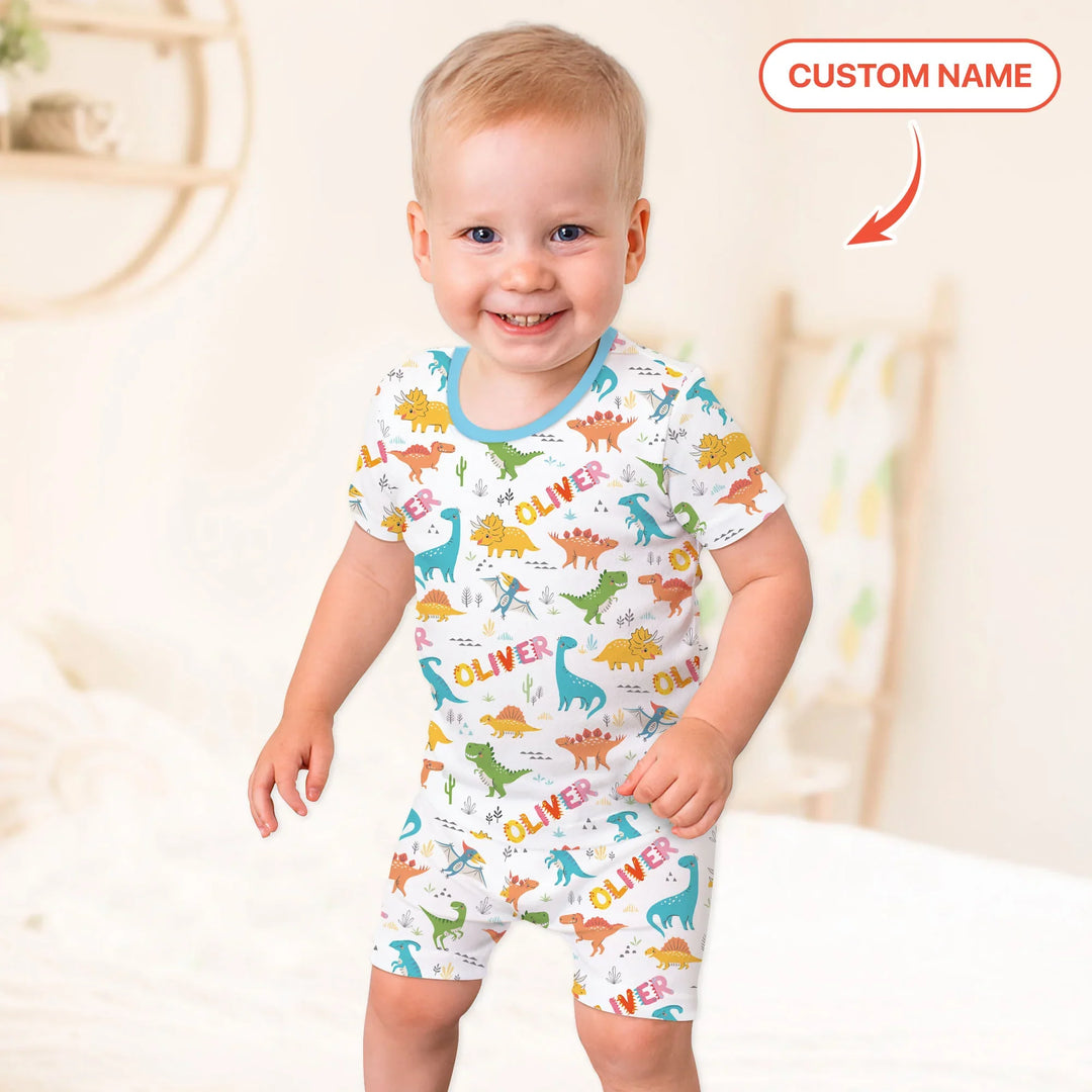 Dino Adventure Custom Name Bamboo Two Piece Short Sleeve Shorts Pajama Set