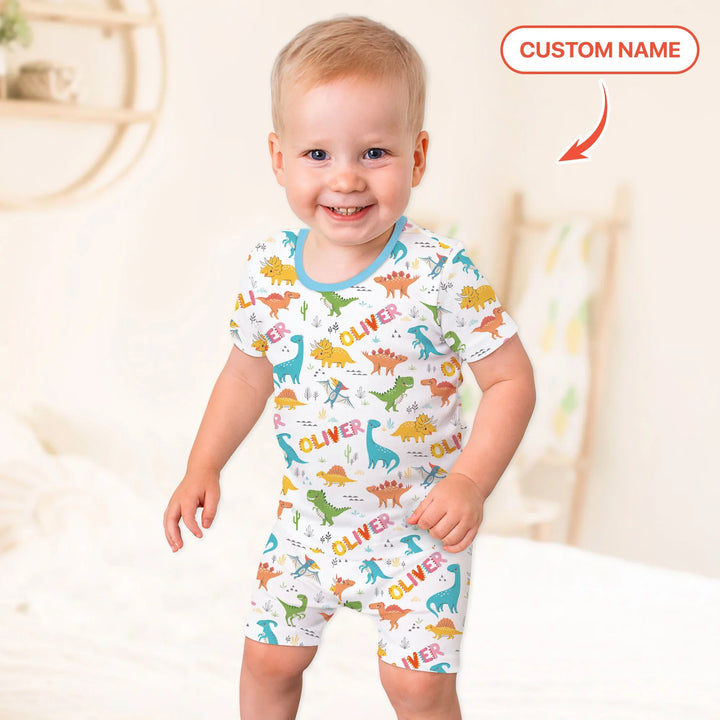 Dino Adventure Custom Name Bamboo Two Piece Short Sleeve Shorts Pajama Set
