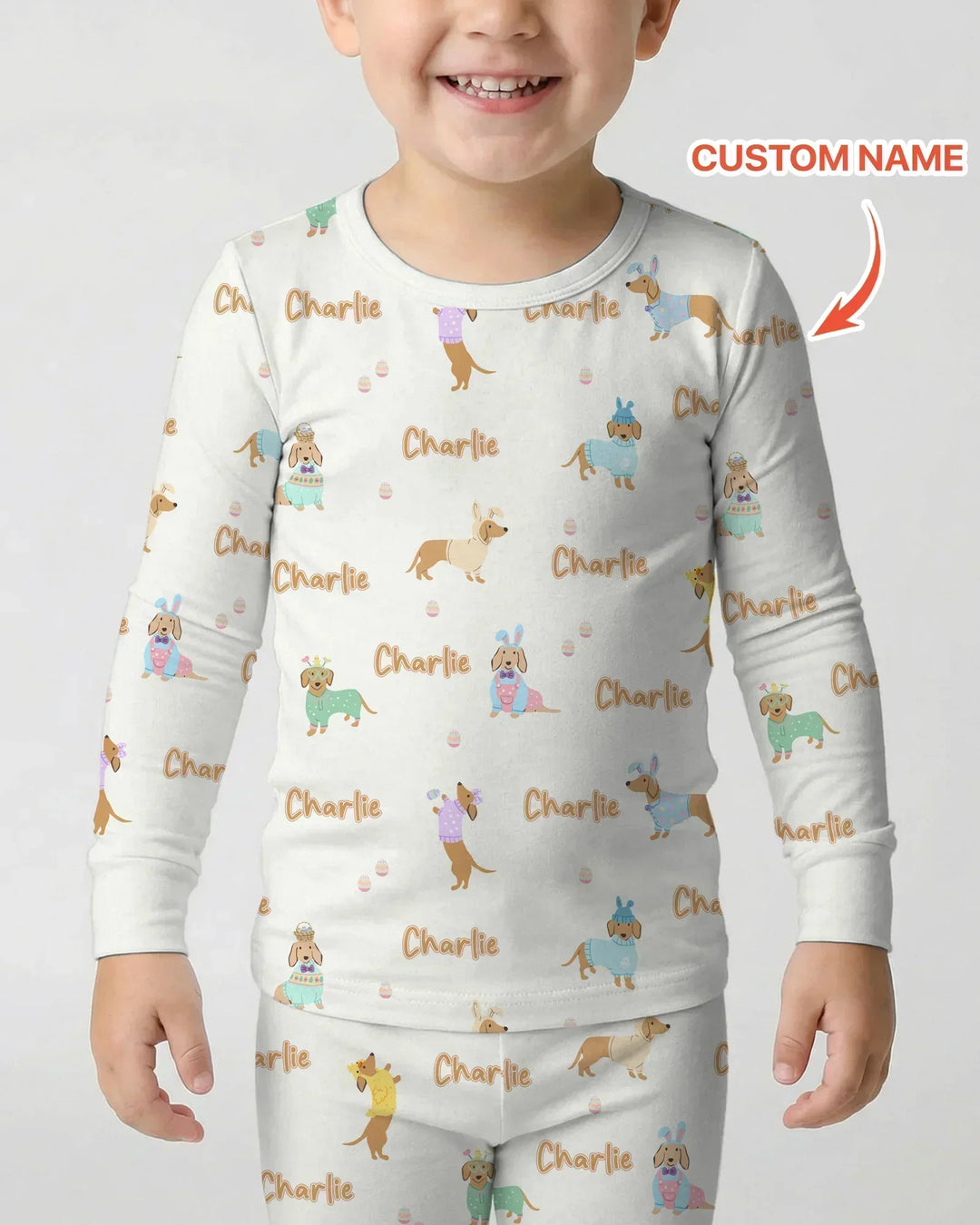 Custom Name Easter Dachshund Bamboo Two Piece Long Sleeve Pajama Set
