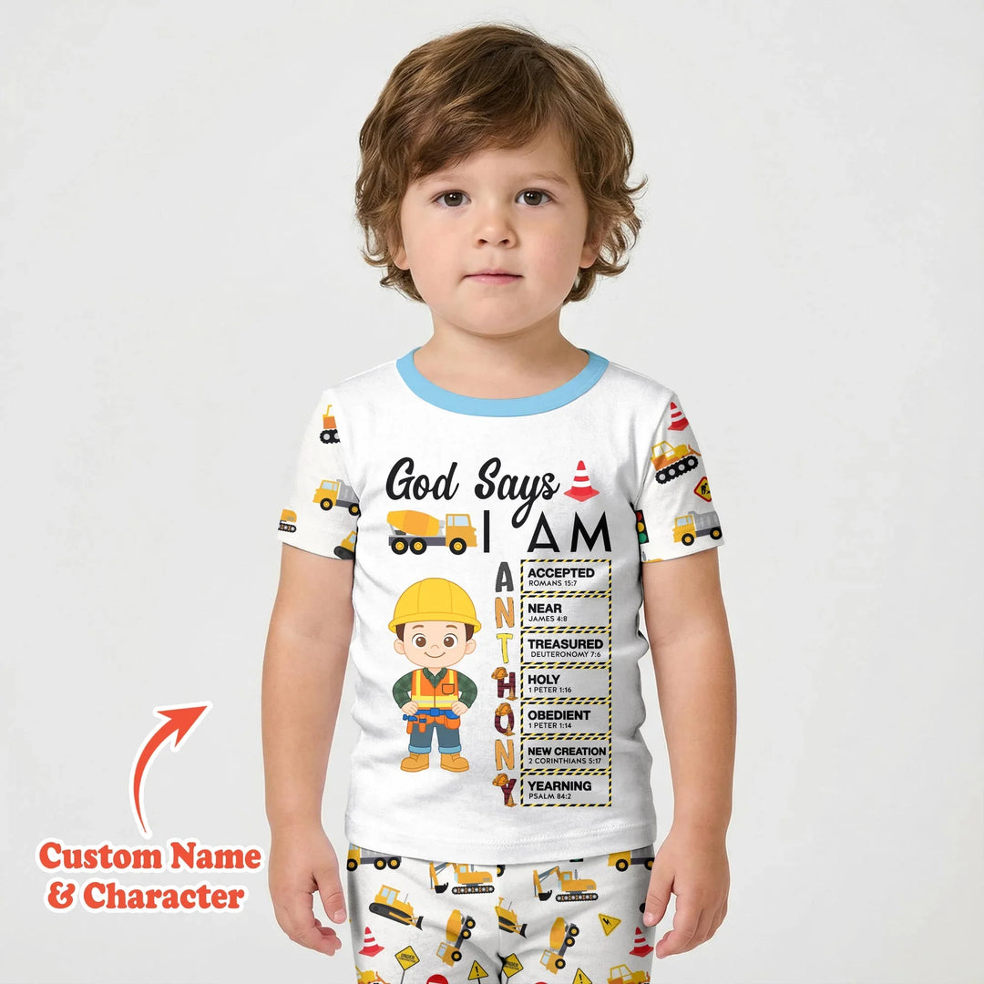 Custom Name God Says I Am Little Builder Letter in Bible Bamboo Two Piece Short Sleeve Shorts Pajama Set