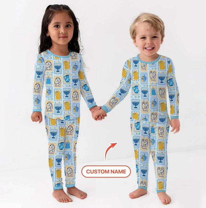 Custom Name Hanukkah Wonderland Bamboo Two Piece Long Sleeve Pajama Set