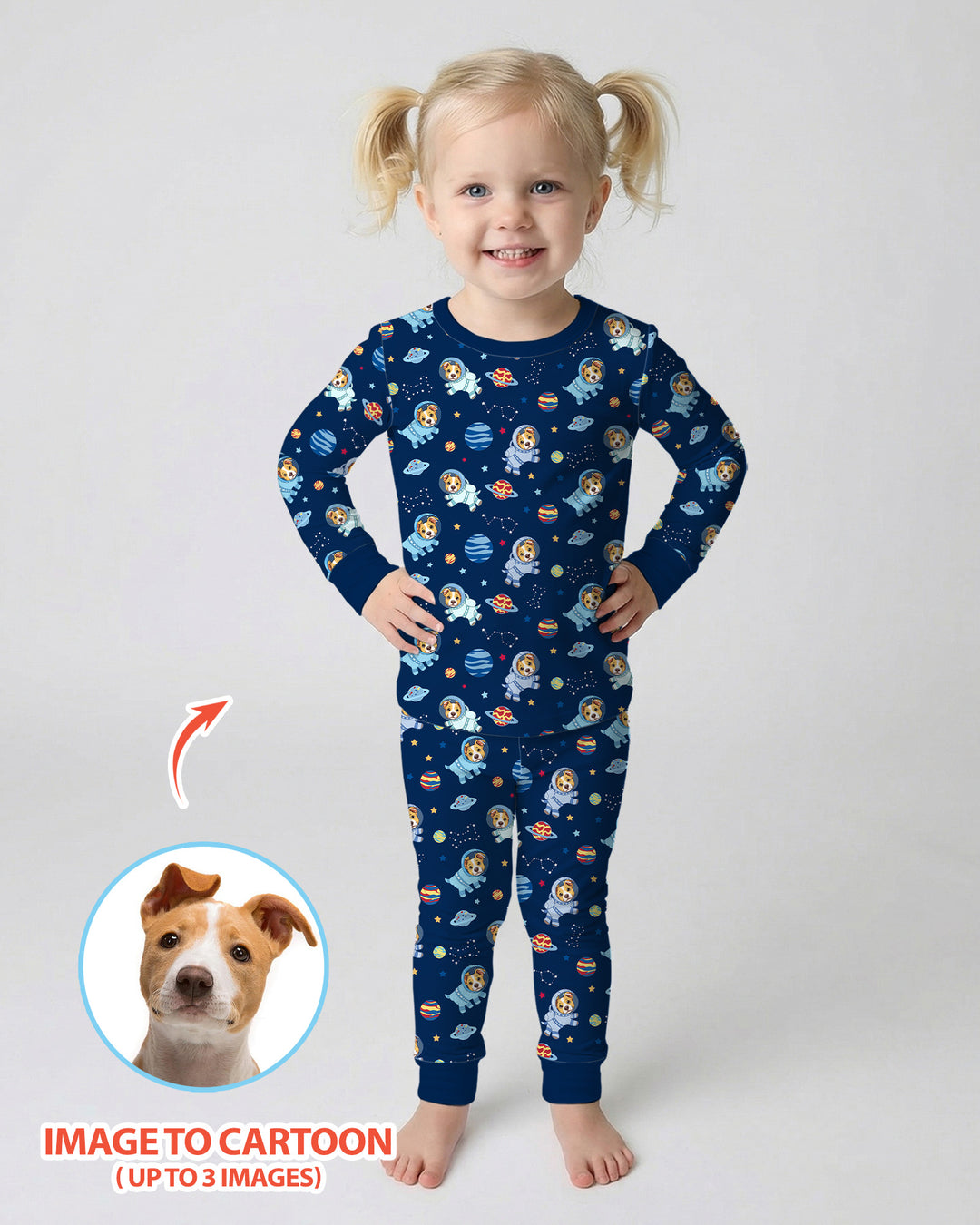 Astronaut Custom Pet Image Family Matching Bamboo Two Piece Long Sleeve Pajama Set