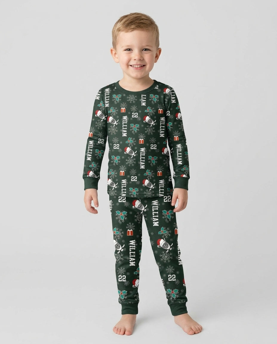 Custom Name Hockey Holiday Bamboo Two Piece Long Sleeve Pajama Set