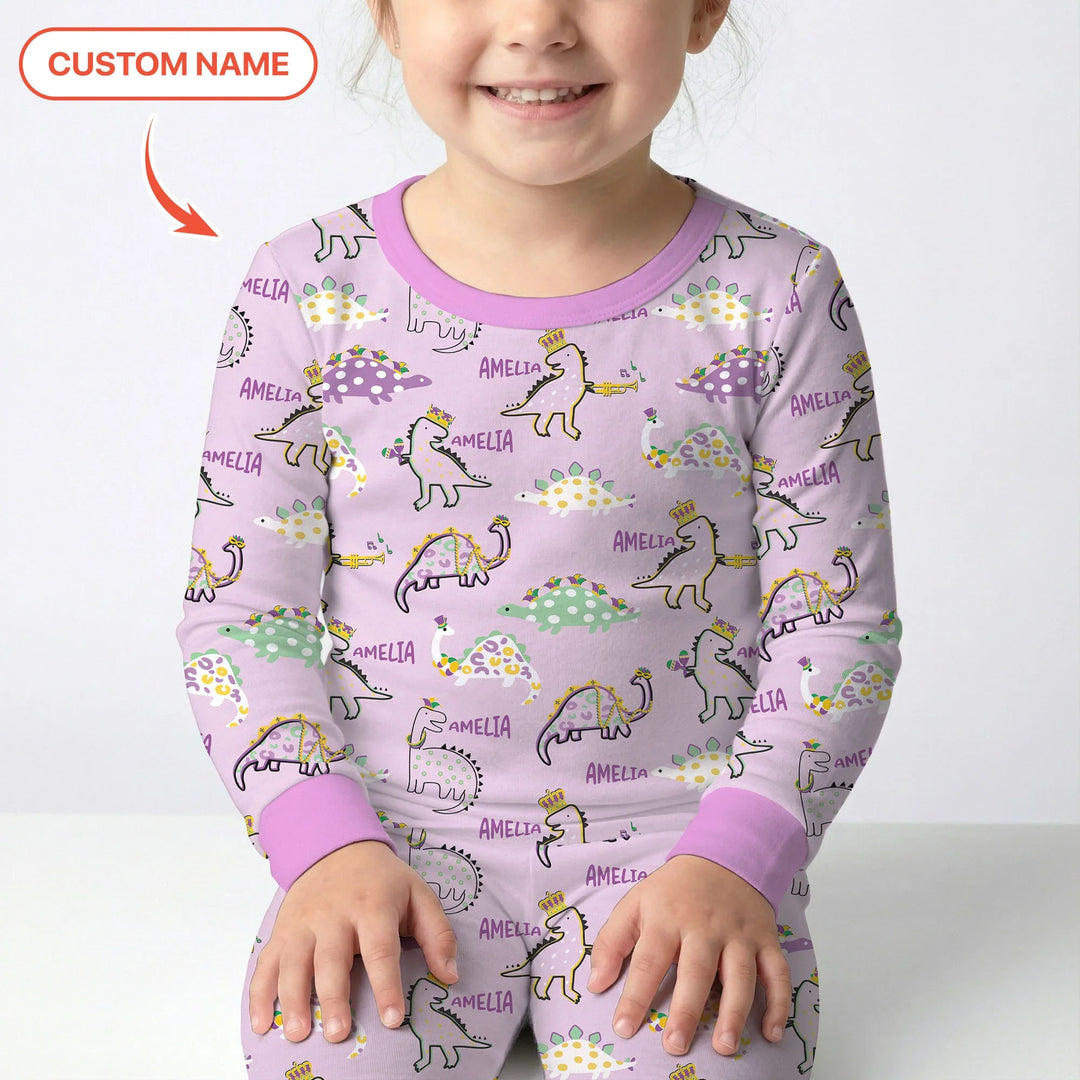 Custom Name Mardi Gras Saurus Bamboo Two Piece Long Sleeve Pajama Set