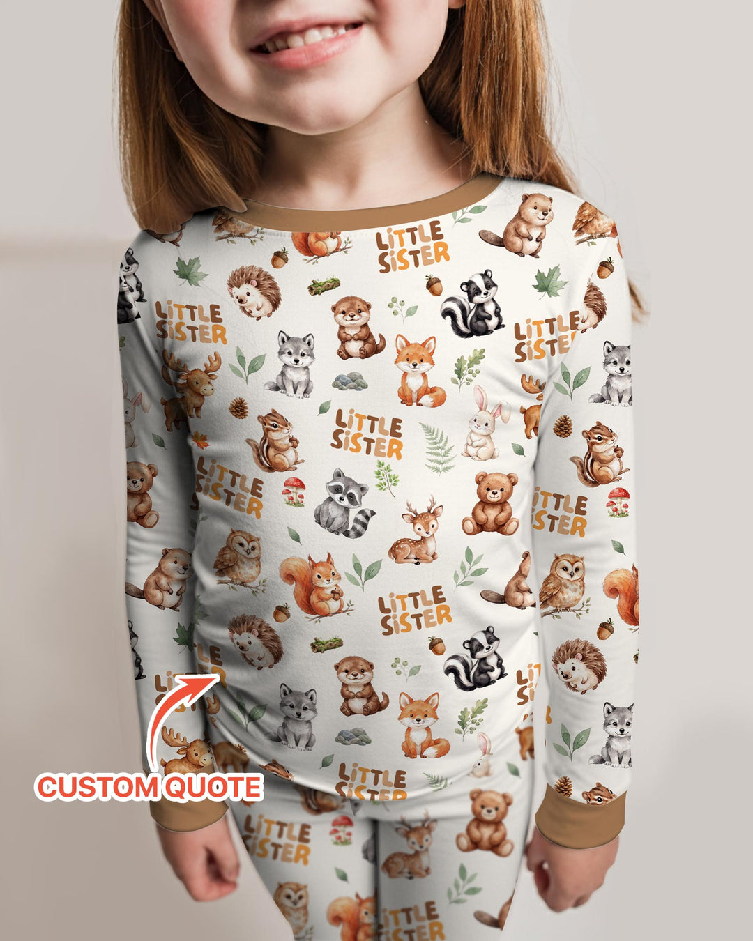 Custom Quote Woodland Animal Matching Sibling Bamboo Two Piece Long Sleeve Pajama Set