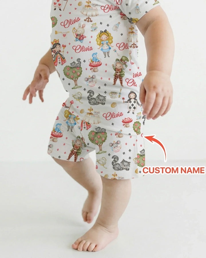 Whimsical Wonderland Tea Party Custom Name Bamboo Two Piece Short Sleeve Shorts Pajama Set