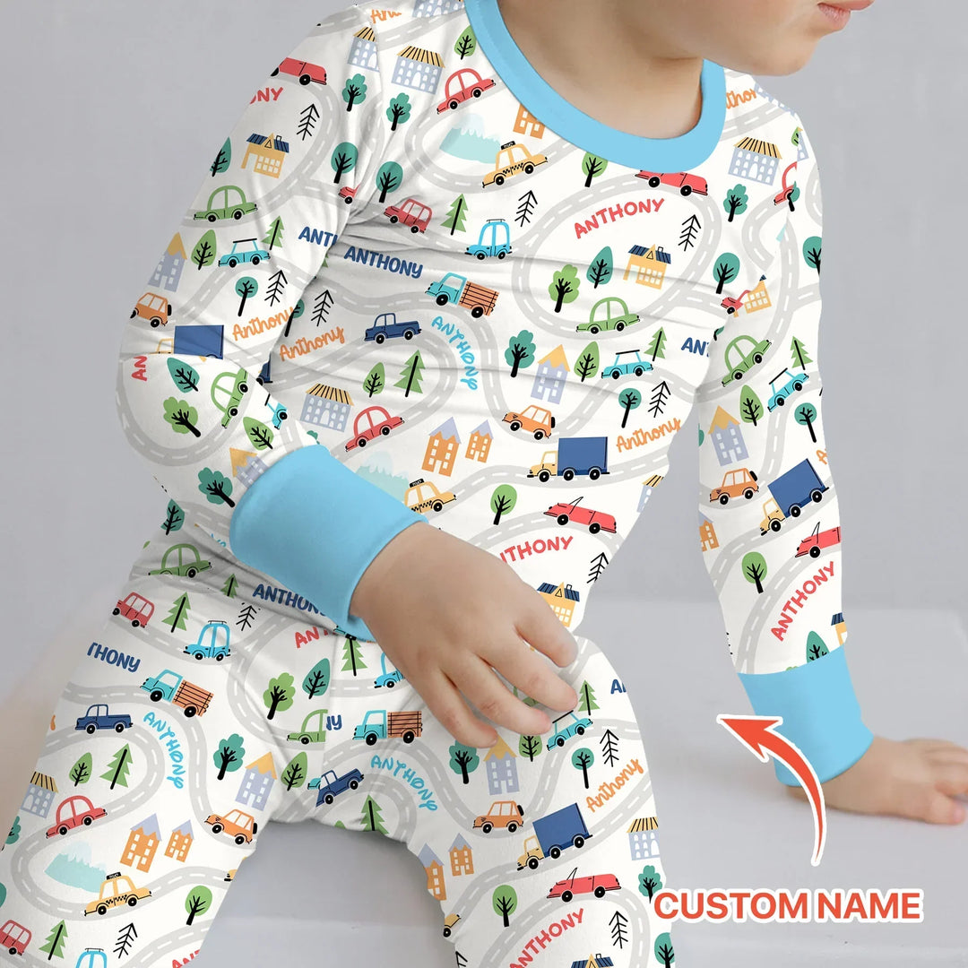 Custom Name Road Map Bamboo Two Piece Long Sleeve Pajama Set