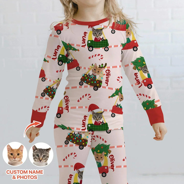 Custom Pet Photo Christmas Tikes Car Bamboo Two Piece Long Sleeve Pajama Set