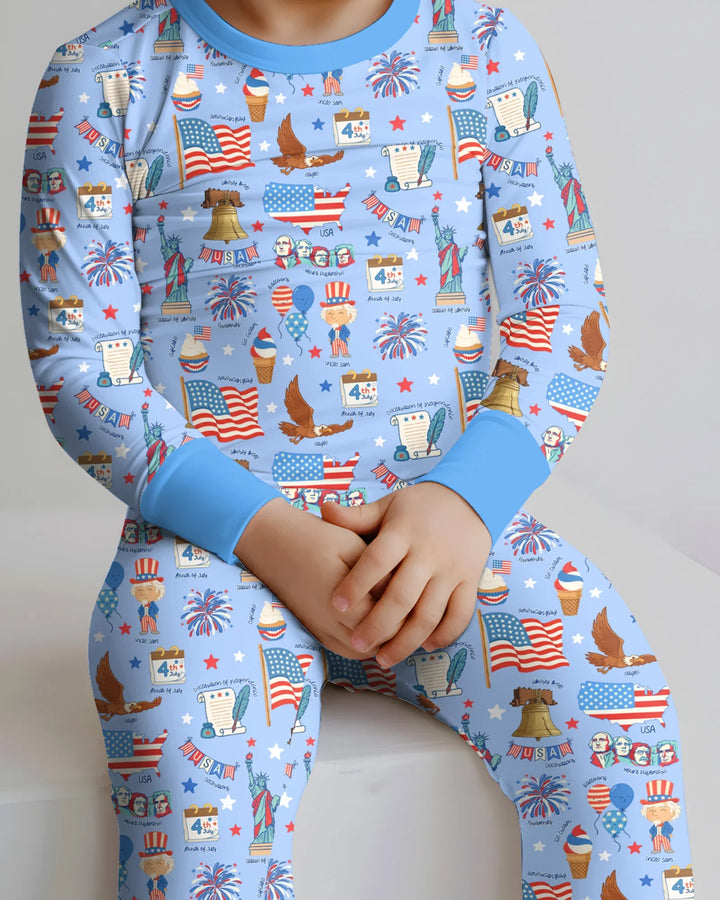 Hand Drawn Patriotic Iconic Bamboo Two Piece Long Sleeve Pajama Set