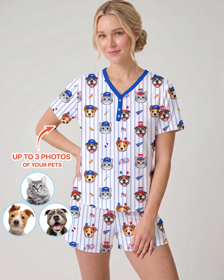Custom Pet Image 4th of July Family Matching Bamboo Women Short Sleeve Short Pajama
