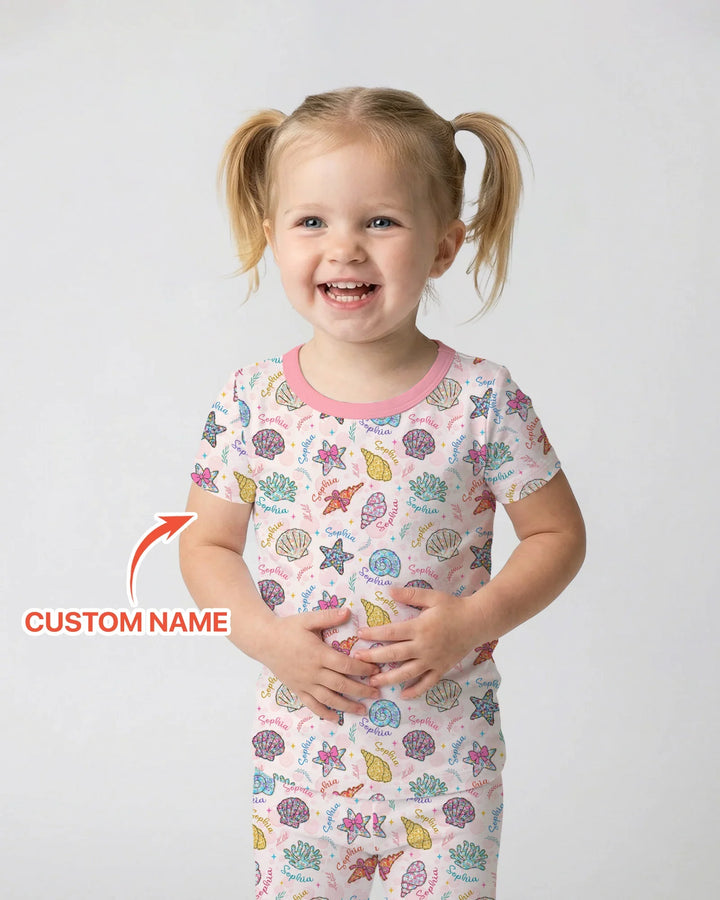 Custom Name Seaside Wildflower Summer Bamboo Two Piece Short Sleeve Pajama Set