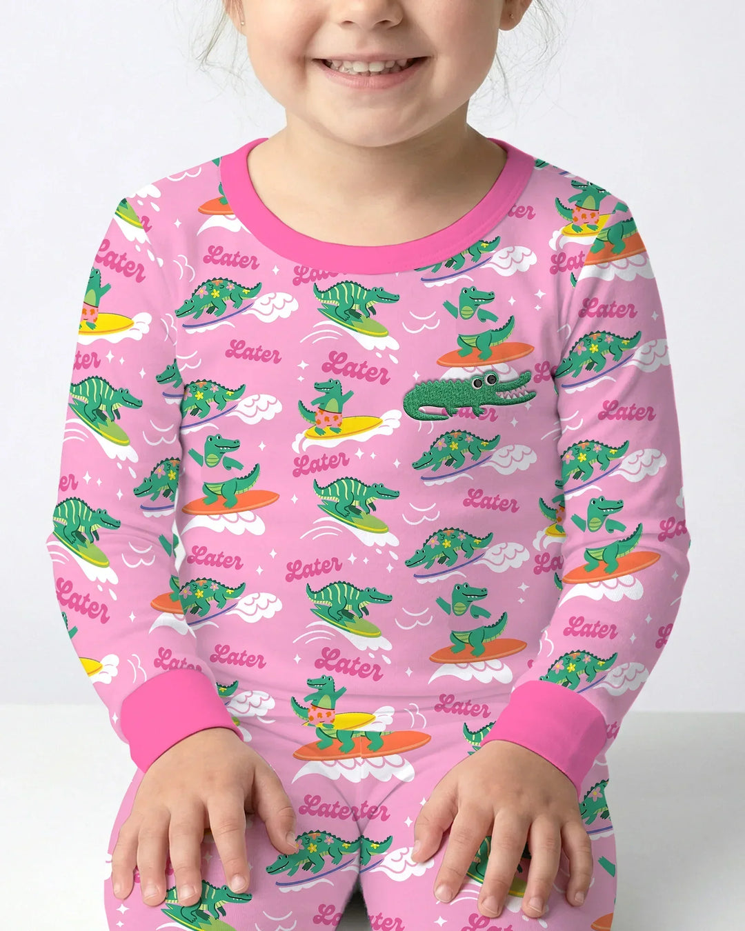 Embroidered Summer Alligator Bamboo Two Piece Long Sleeve Pajama Set