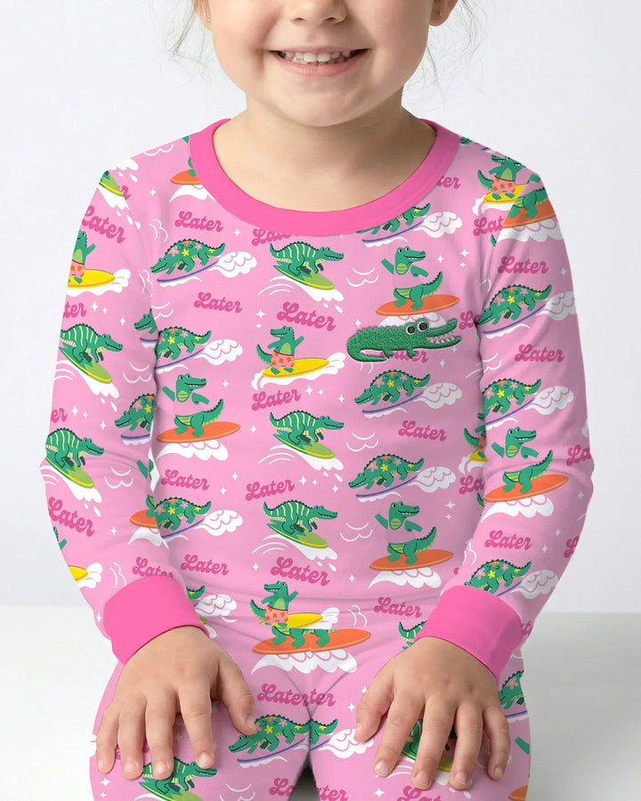 Embroidered Summer Alligator Bamboo Two Piece Long Sleeve Pajama Set